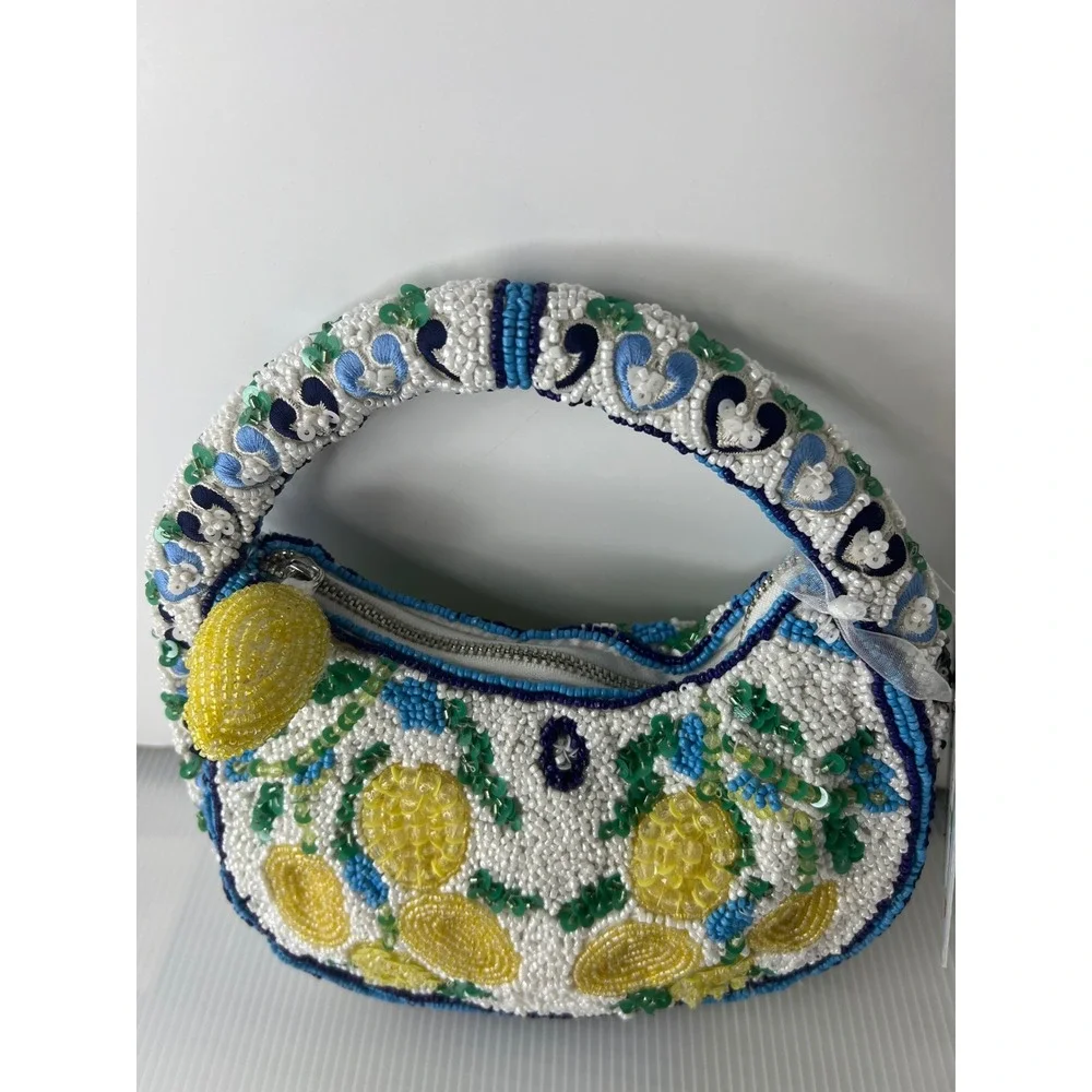 Handcrafted Beaded Lemon Mini Bag White Blue Yellow Citrus Fruit Hobo Handbag
